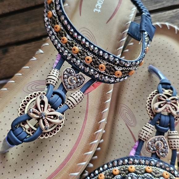 NWOT Aomigoct navy bohemian embellished elastic ankle flip flops sandals - Picture 8 of 12